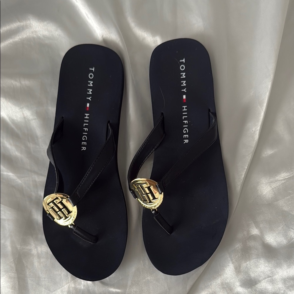 Tommy Hilfiger Black Sandals with Gold Emblem